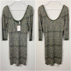 Free People Sunrise Knit Mini Dress Womens Size Medium 3/4 Sleeve Green